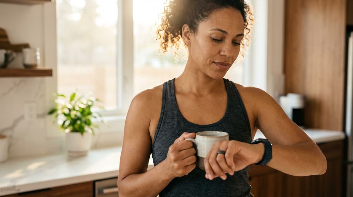Woman checking health data on smartwatch during morning routine in sunlit kitchen