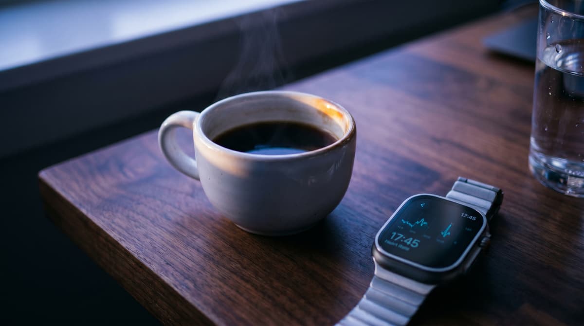 Cup of black coffee on a wooden desk in soft afternoon light, smartwatch beside it showing a heart rate graph