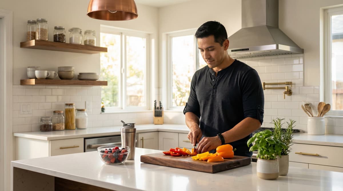 Man preparing healthy meal in modern kitchen with fitness tracker on wrist