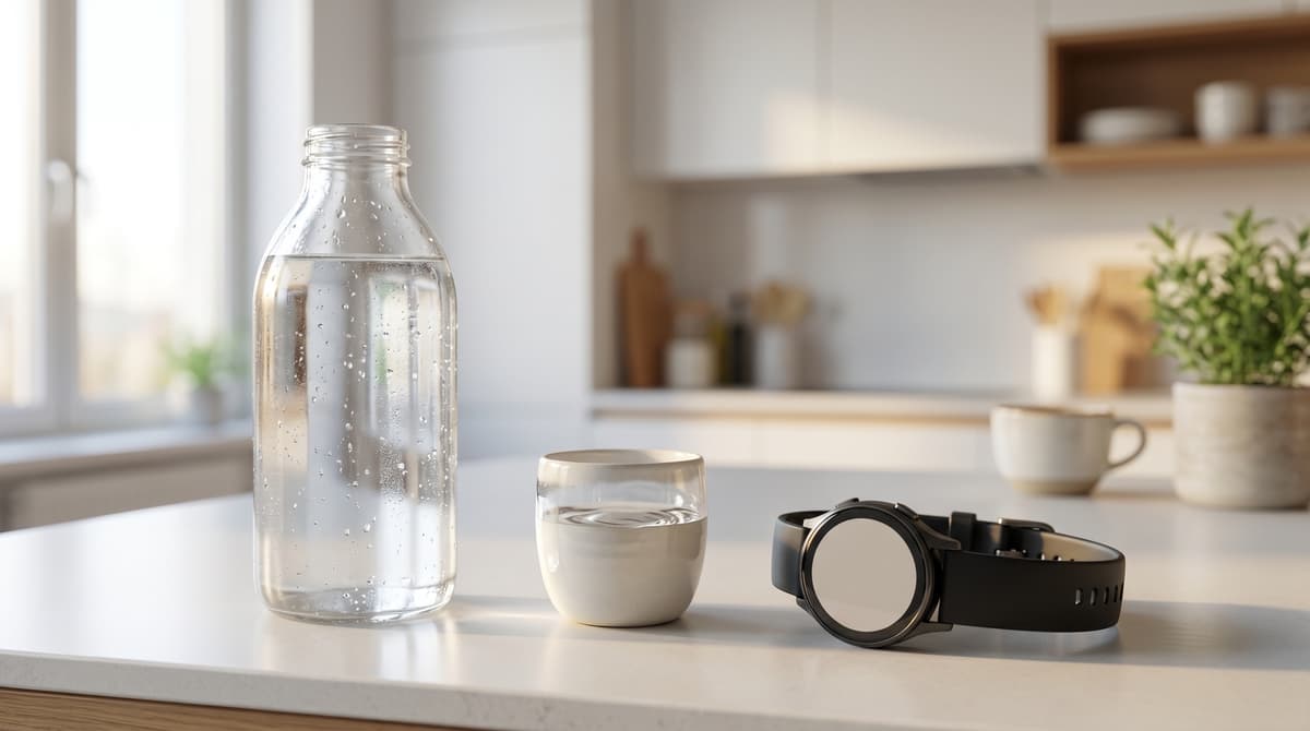 Glass water bottle with condensation on a kitchen counter beside a wearable fitness tracker in morning light