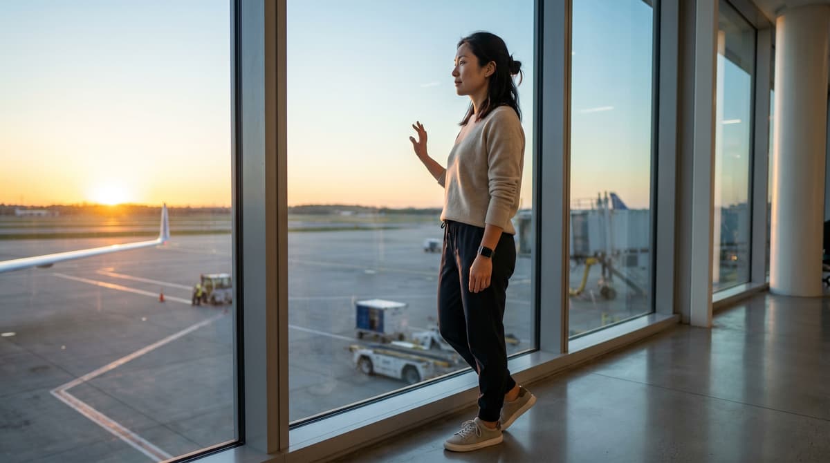Traveler at an airport window watching the sunrise with a smartwatch visible on the wrist