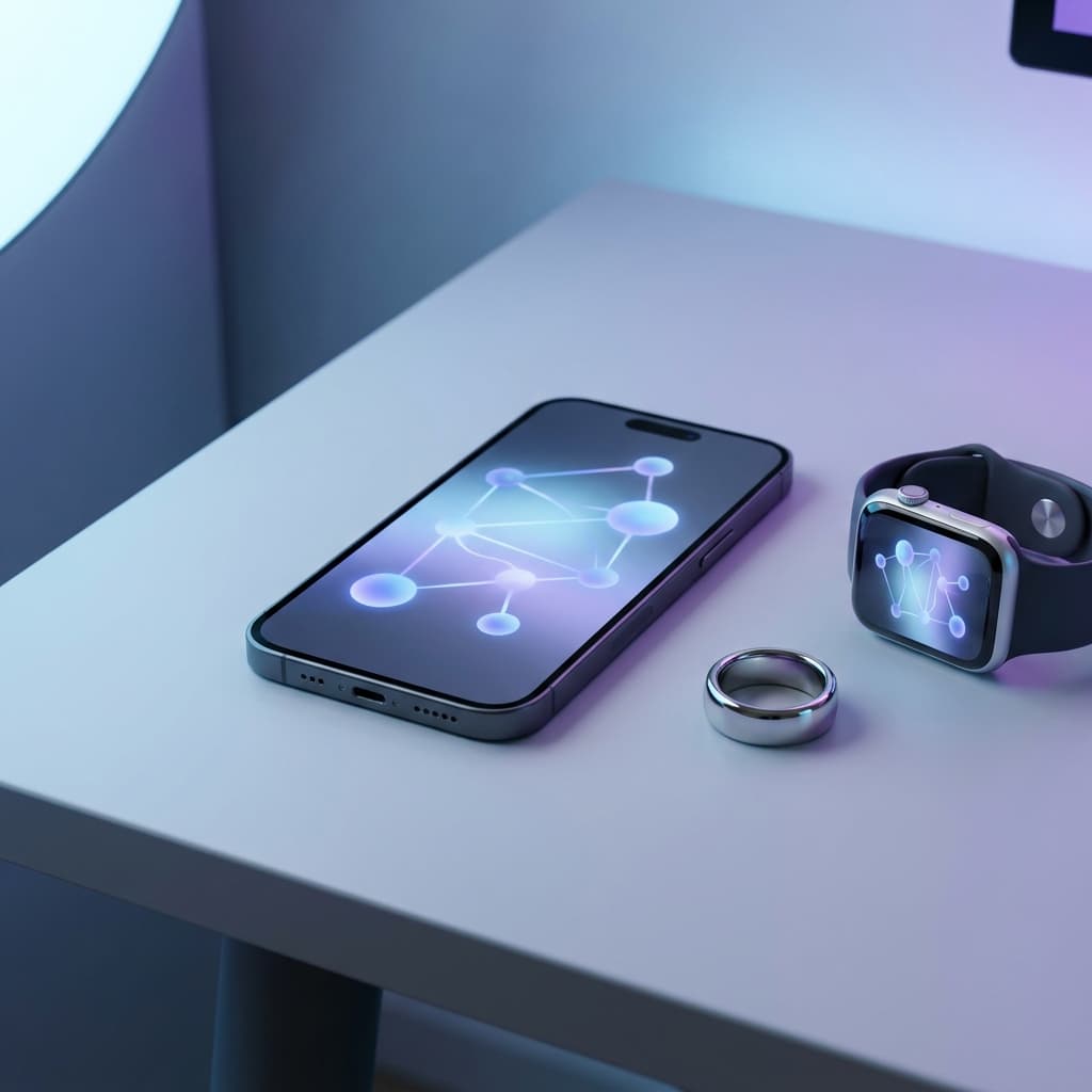 Smartphone showing a health app connection screen next to a smartwatch and a ring on a clean desk, cool blue lighting
