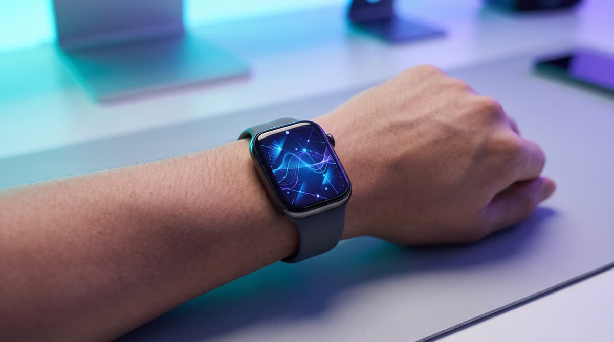 Close-up of a smartwatch display showing multiple health metrics, cool blue lighting, minimalist desk setting