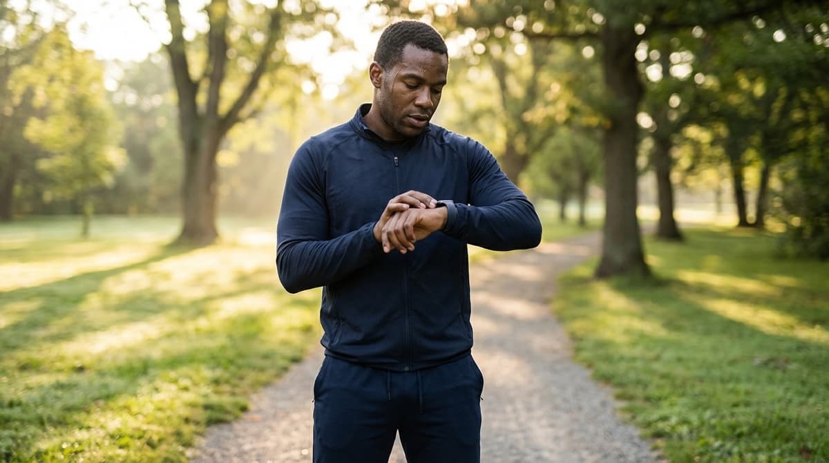 Man checking smartwatch during a quiet moment outdoors in morning light