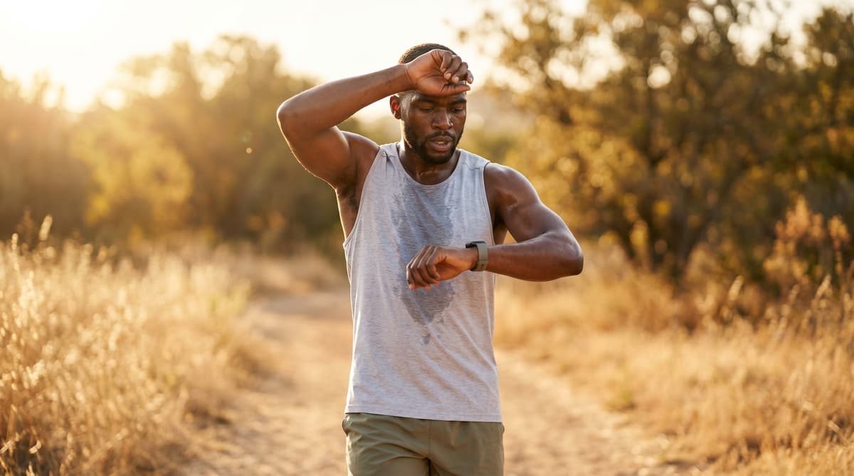 Runner pausing on a sunny trail at golden hour, checking a smartwatch while wiping sweat from their forehead