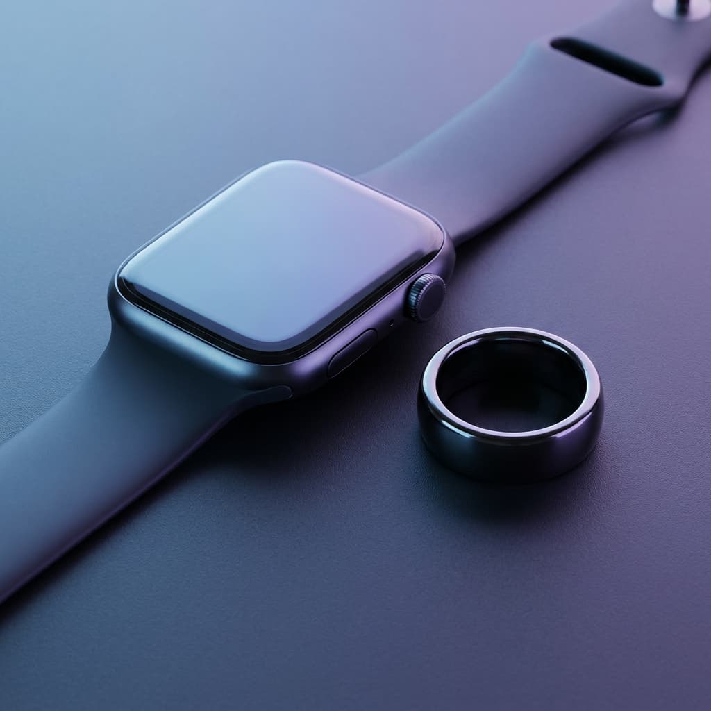 Two different wearable devices, a smartwatch and a ring, resting side by side on a dark blue surface