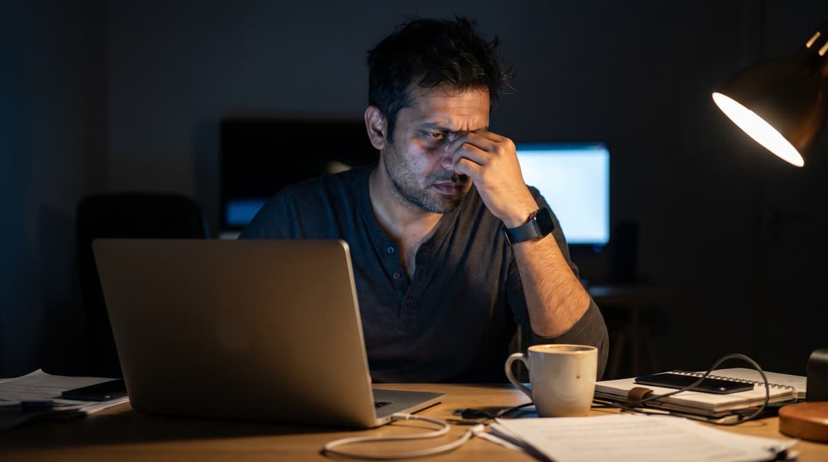 Exhausted man working late at a dimly lit desk, pinching the bridge of his nose, smartwatch on his wrist